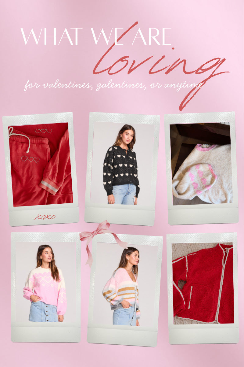 Promotional image with clothing items on a pink background, featuring text 'What We Are Loving'.