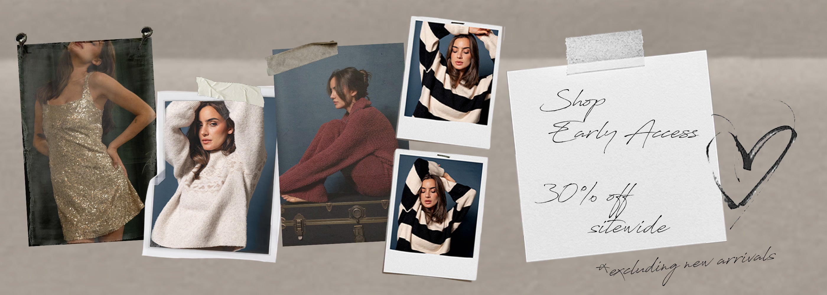 Saltwater Luxe sale banner featuring layered editorial imagery, handwritten Early Access messaging, and soft romantic styling for the Memorial Day event