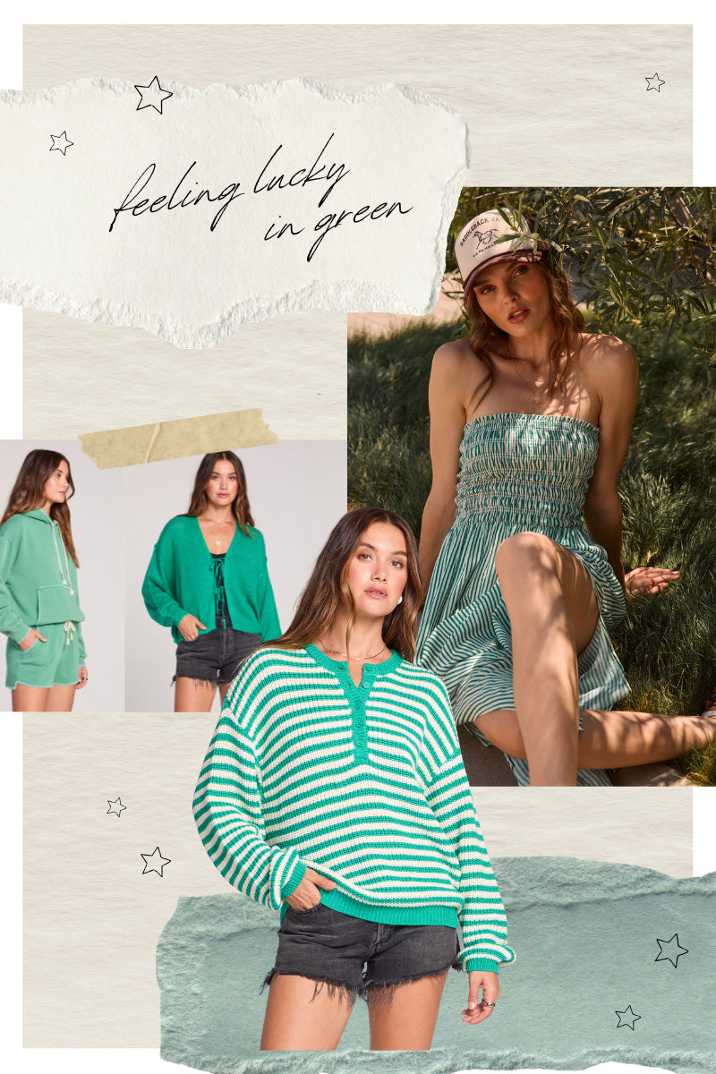 Saltwater Luxe Lucky Greens collection featuring clover green sweaters, striped dresses, and effortless spring sets
