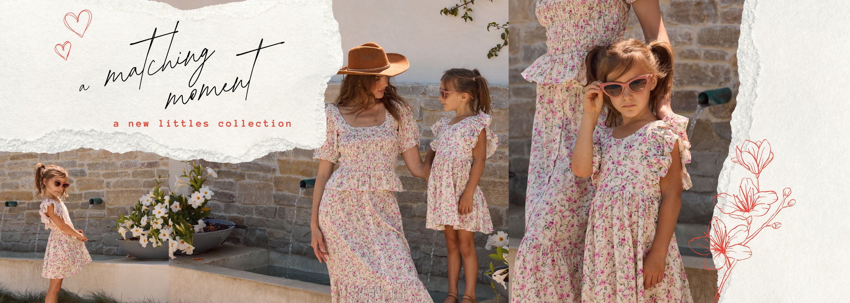 Mother and daughter in matching Saltwater Luxe floral outfits standing outdoors with a decorative banner