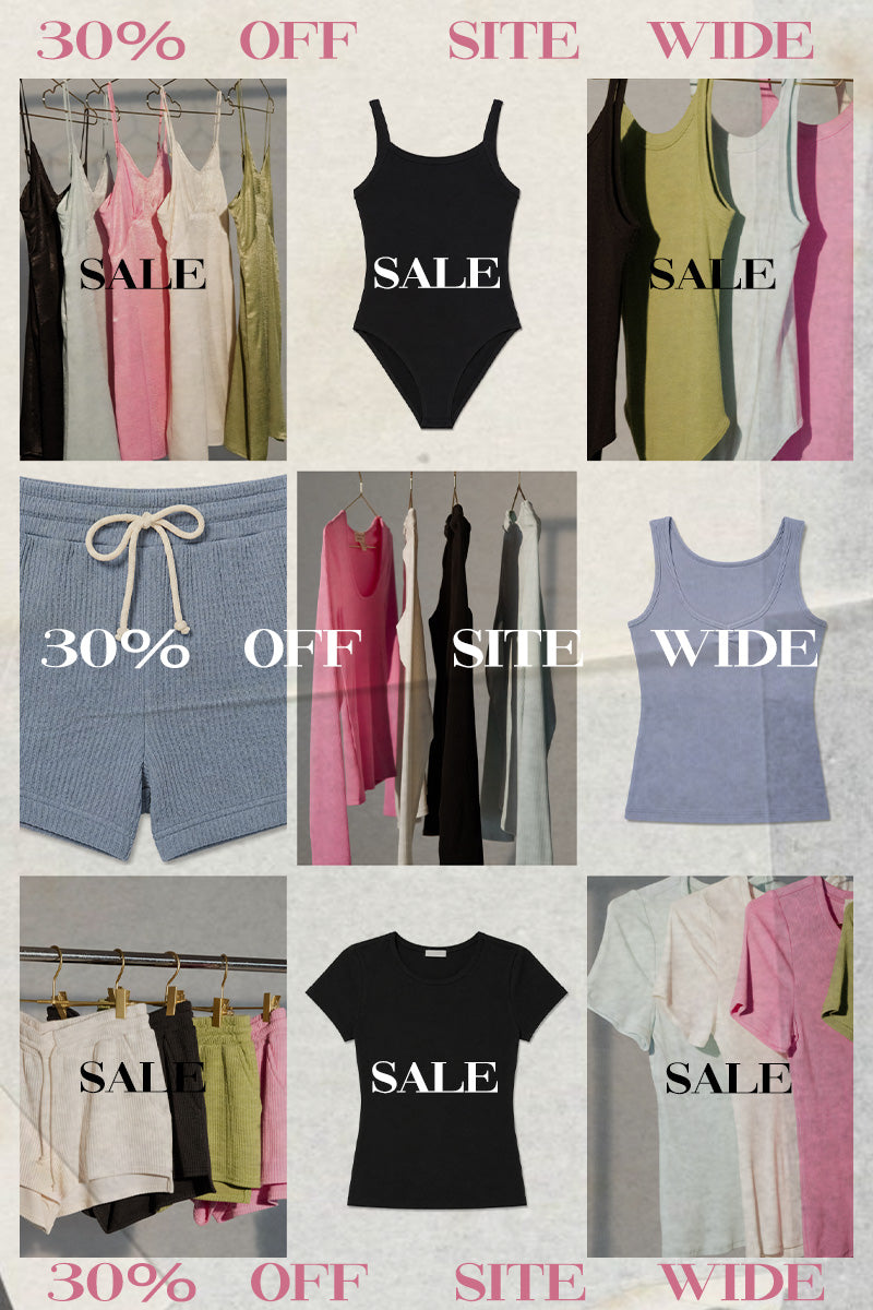 Saltwater Luxe Memorial Day homepage banner featuring layered loungewear and essentials in soft pastel tones with repeated 30% off sitewide messaging and SALE overlays across the collage layout