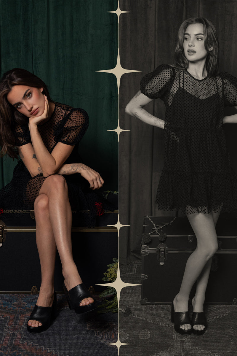 Woman in a black dress sitting on a suitcase with a green curtain background
promoting Saltwater Luxe's Holiday Gift Guide