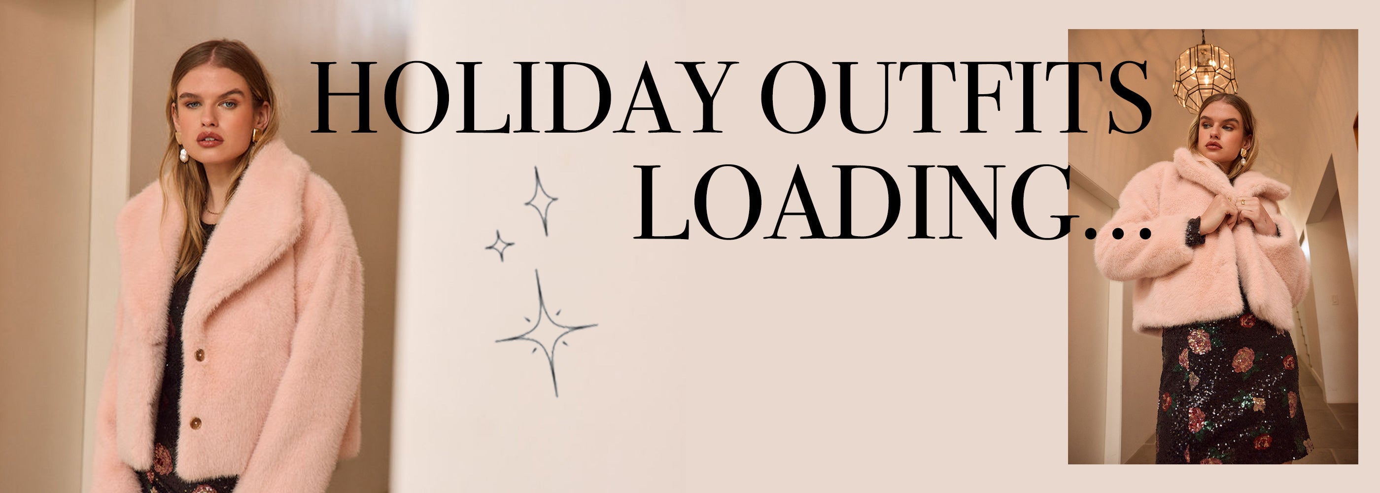 Woman in the Saltwater Luxe pink Silvia Jacket with text 'Holiday Outfits Loading...' in the center