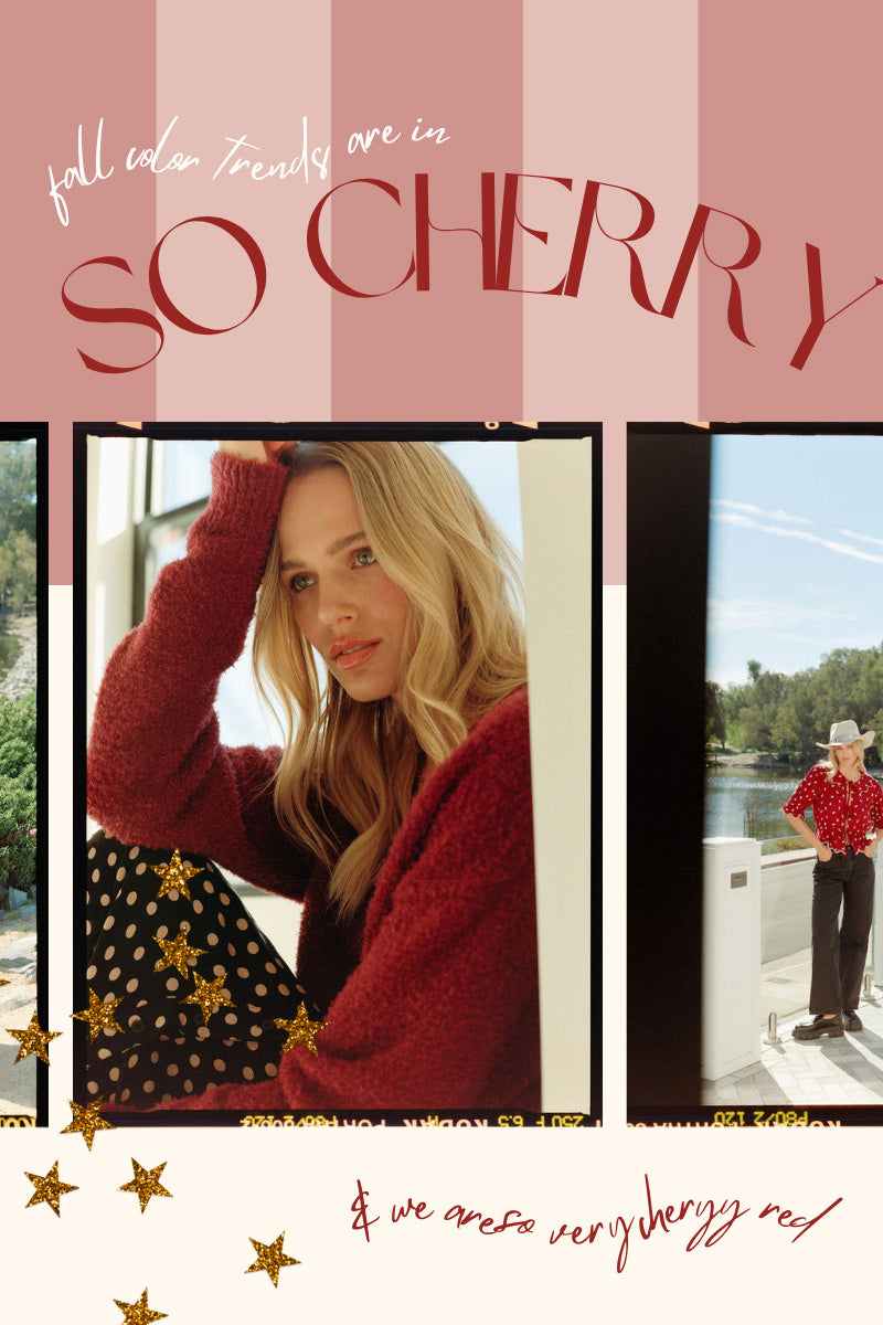 Saltwater Luxe cherry red fall fashion featuring a cozy red sweater and printed top in a vintage-inspired lakeside editorial