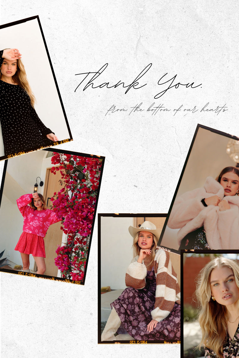 Collage of Saltwater Luxe models in various outfits with 'Thank You' text on a textured white background