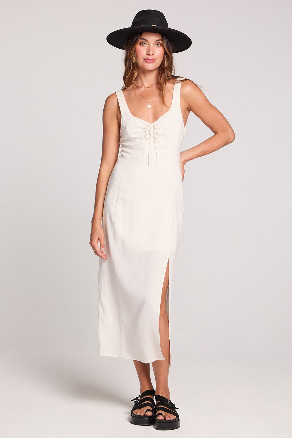 linen scoop neck midi dress Woven Ecru Tank Midi Dress