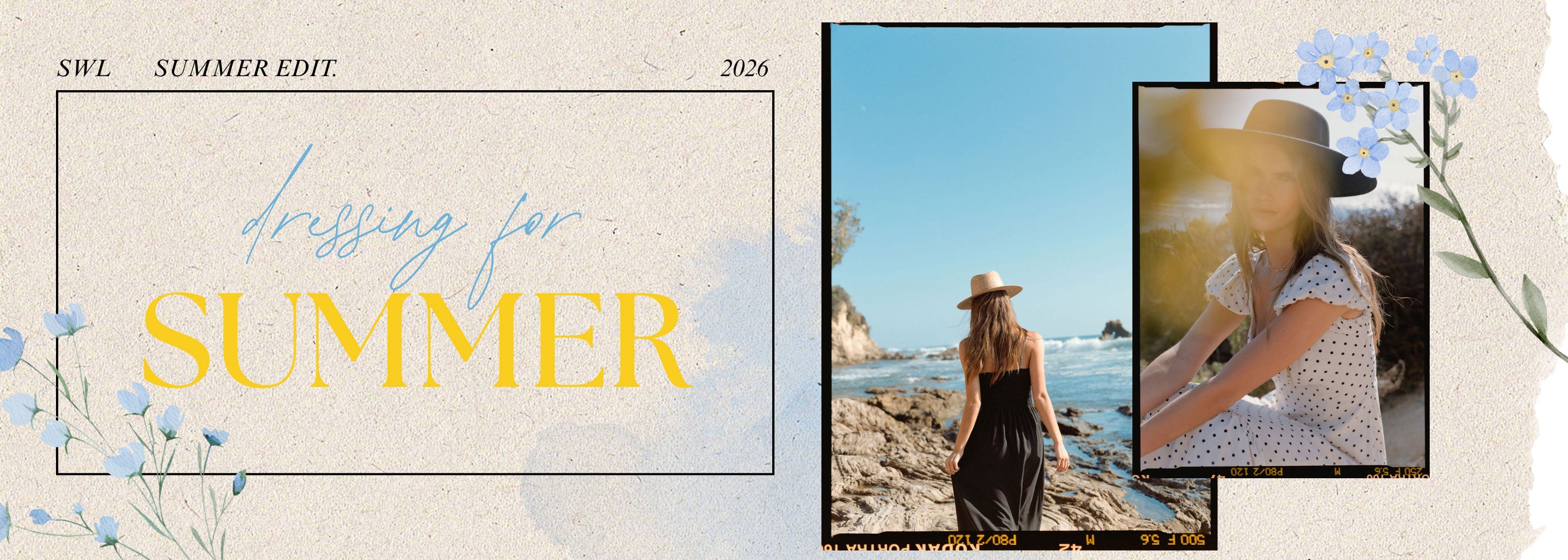 A summer-themed digital template or collage layout with the text 'Dressing for SUMMER' on a textured cream background, alongside two inset lifestyle photos of a woman by the sea and blue floral accents