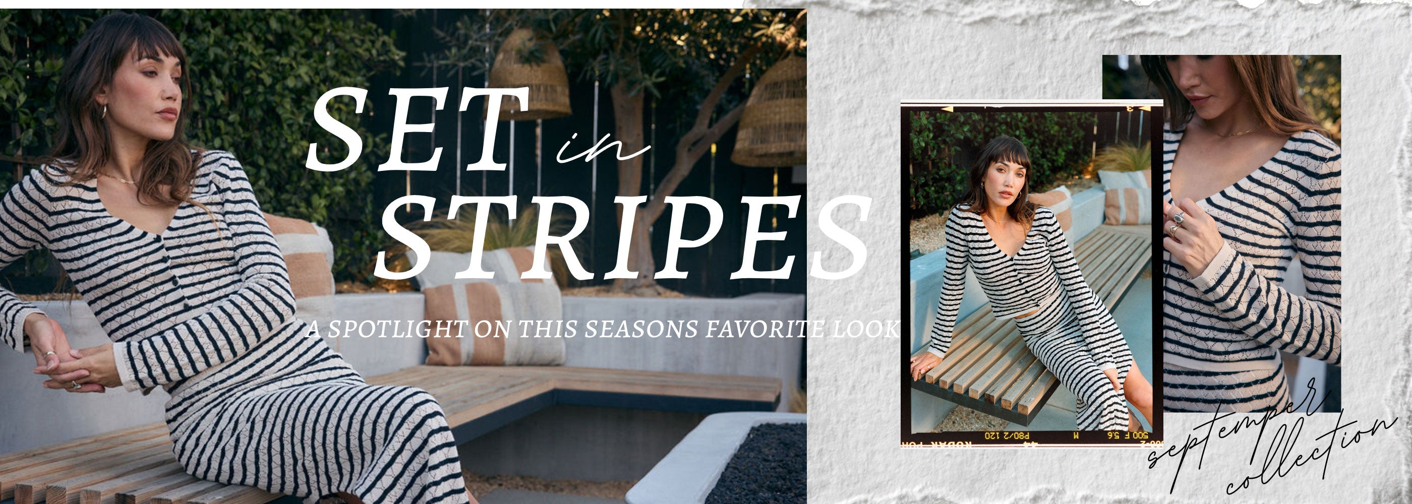 Promotional banner for a striped clothing collection with text 'Set in Stripes' and images of a woman wearing a striped outfit.