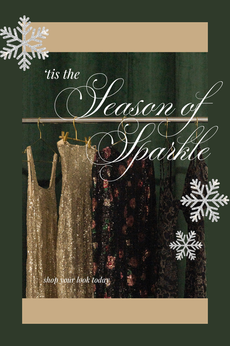 Promotional graphic for 'tis the Season of Sparkle with sequin dresses and snowflakes
