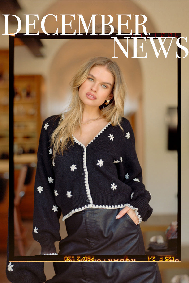 Saltwater Luxe new arrivals banner featuring the striped cardigan layered over a floral dress