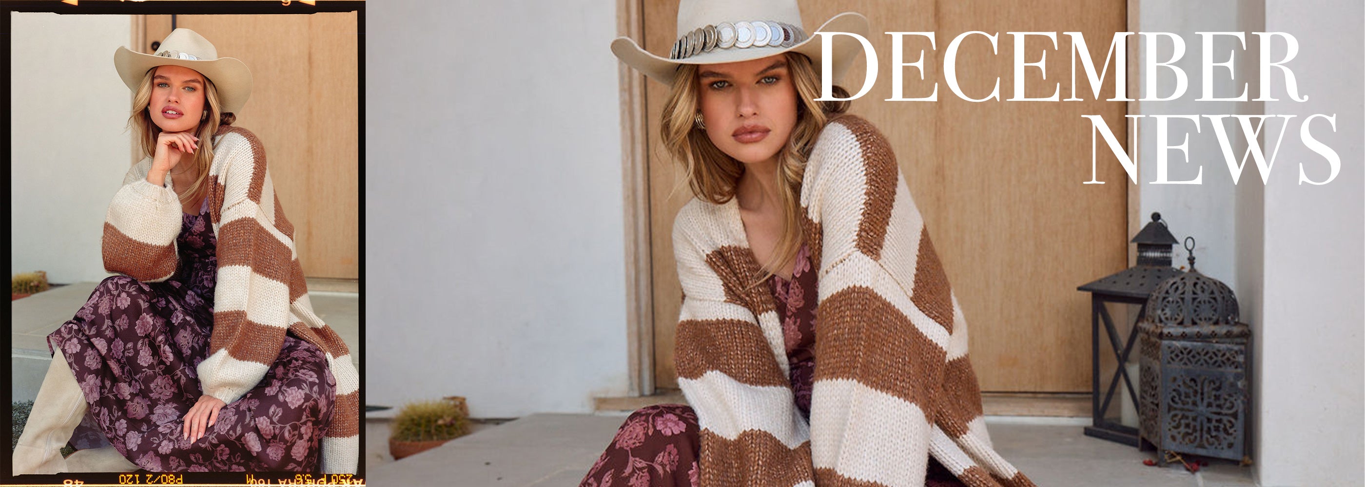 Saltwater Luxe new arrivals banner featuring the striped cardigan layered over a floral dress