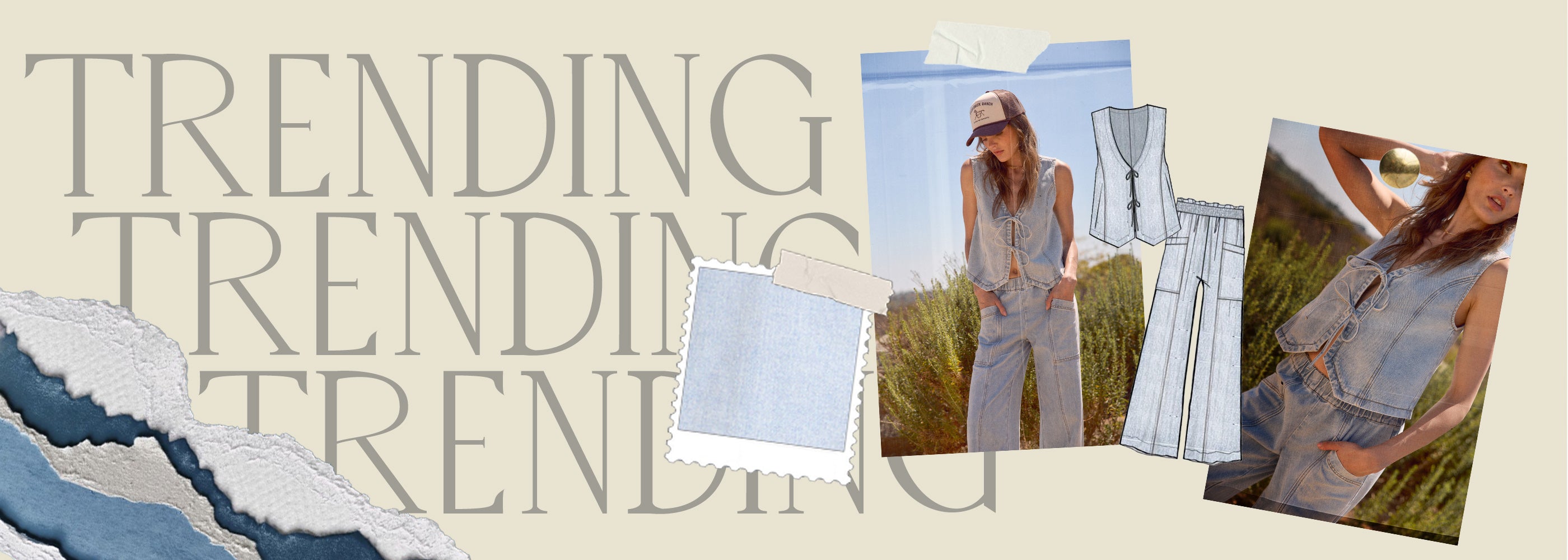Promotional banner with 'Trending' text and images of a woman in a light blue outfit.