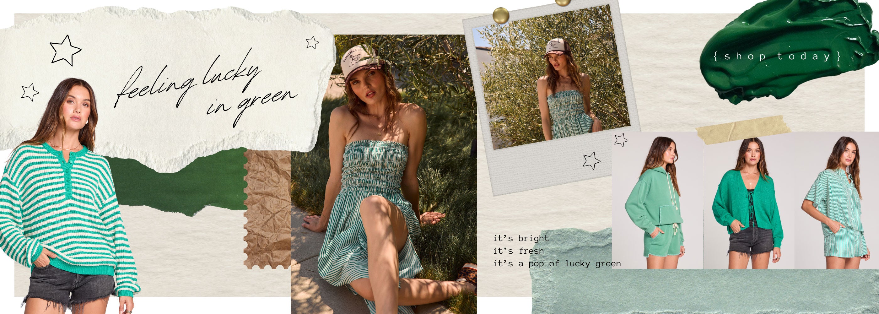Saltwater Luxe Lucky Greens collection featuring clover green sweaters, striped dresses, and effortless spring sets