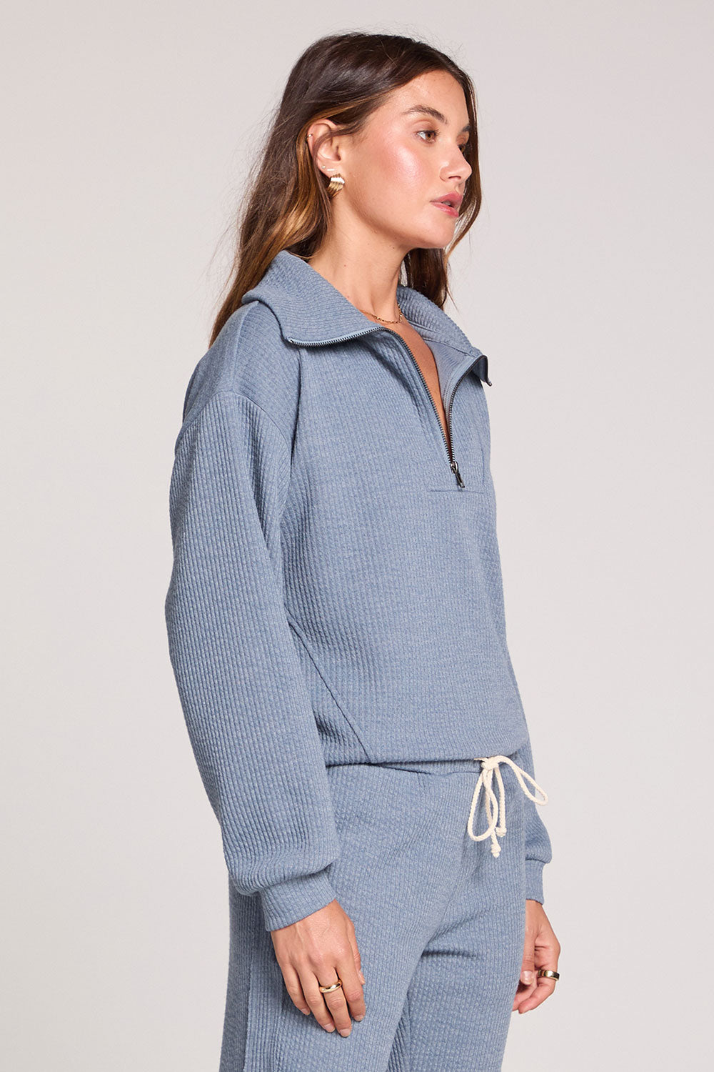 Half Zip Worn Blue Seam Pullover | Cropped Wide Collar Half Zip ...