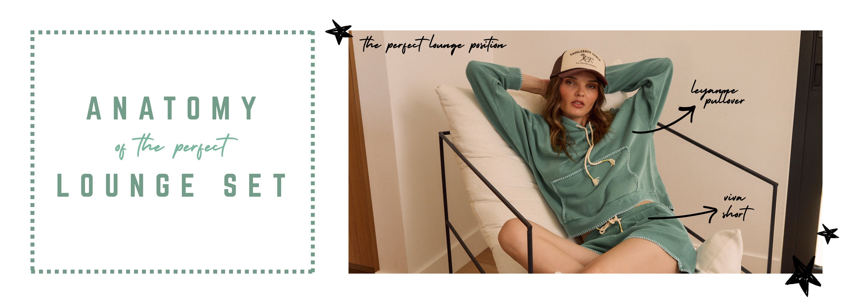 Woman in a green lounge set sitting on a bed with text labels on a white background