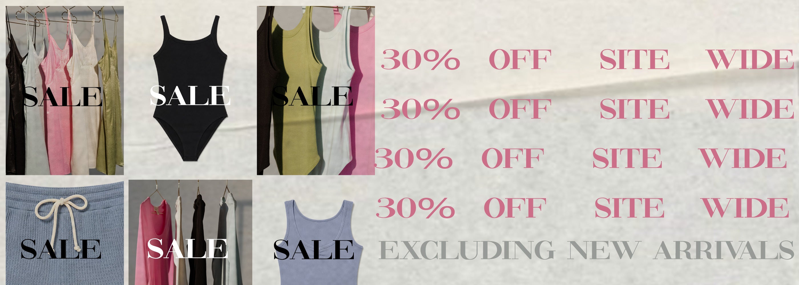 Saltwater Luxe Memorial Day homepage banner featuring layered loungewear and essentials in soft pastel tones with repeated 30% off sitewide messaging and SALE overlays across the collage layout