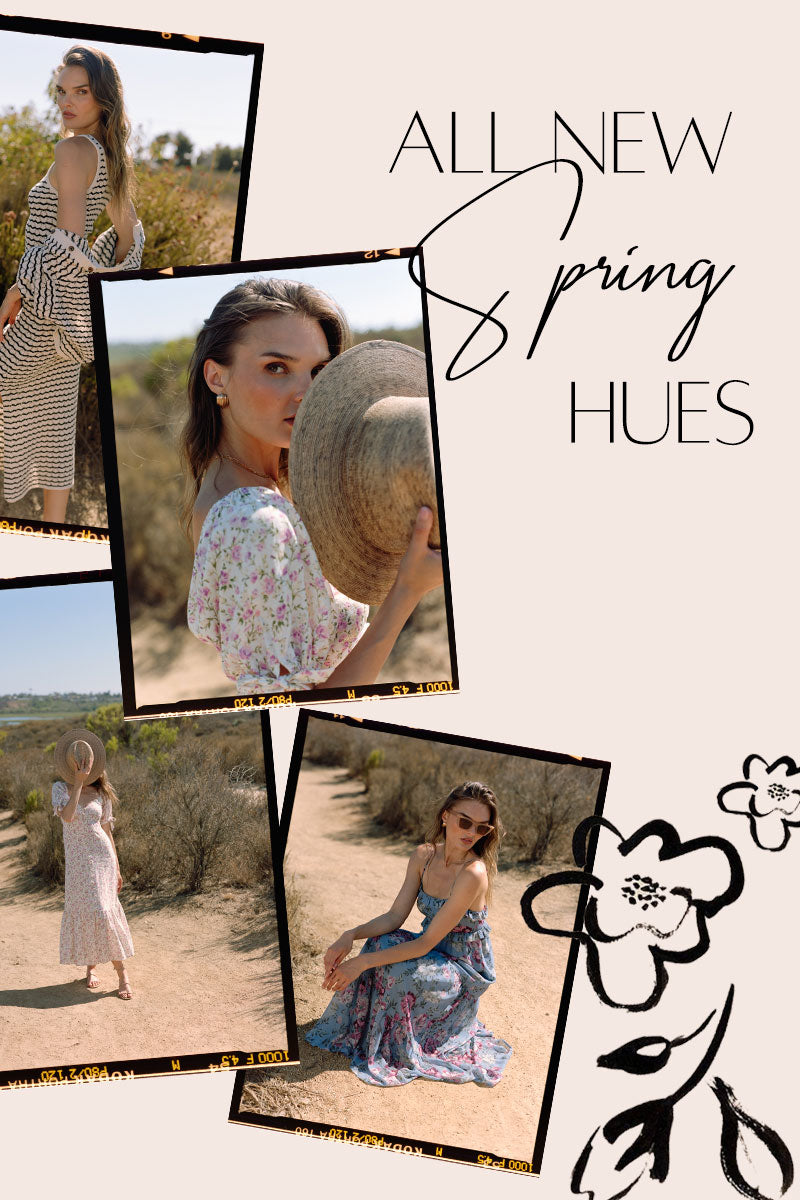 Collage of women in spring clothing with text 'All New Spring Hues' on a light background.