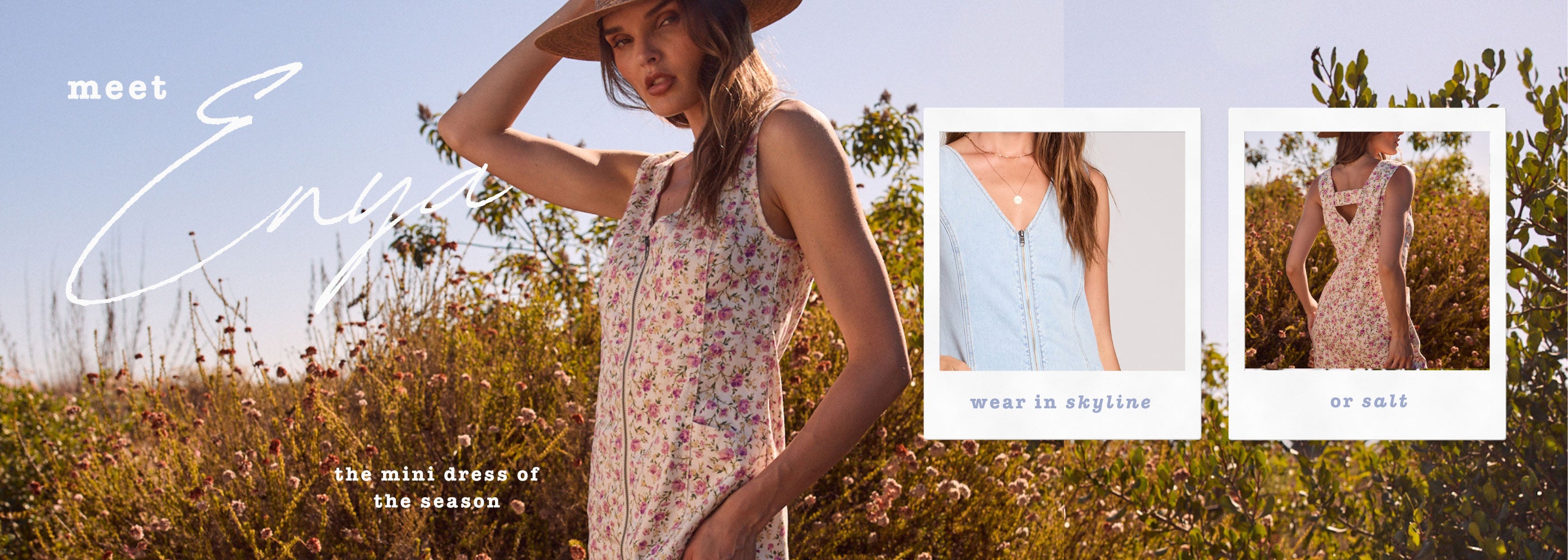 Woman in a floral dress standing in a field with promotional text overlay