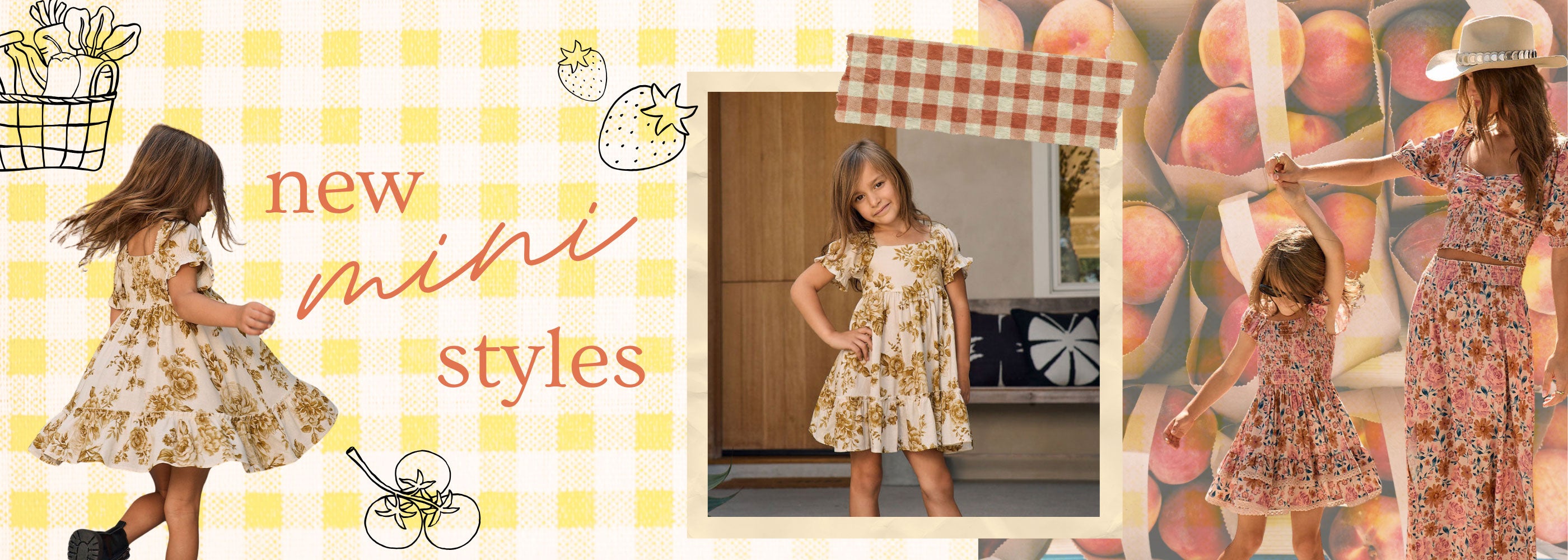 A promotional collage for children's dresses featuring three photos of girls wearing floral and gingham mini dresses, with the text 'new mini styles' on a yellow-and-white check background