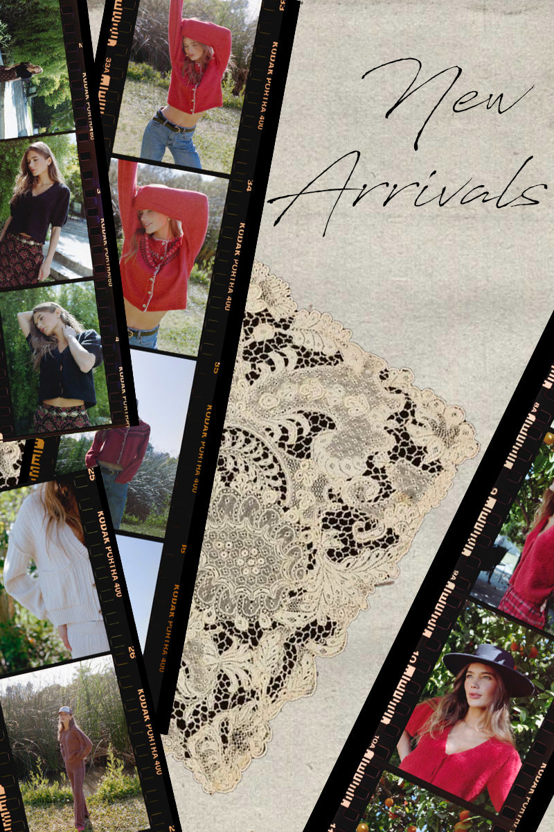 Saltwater Luxe new arrivals featuring cozy red cardigans, textured sweaters and printed fall looks arranged in a romantic vintage-inspired collage