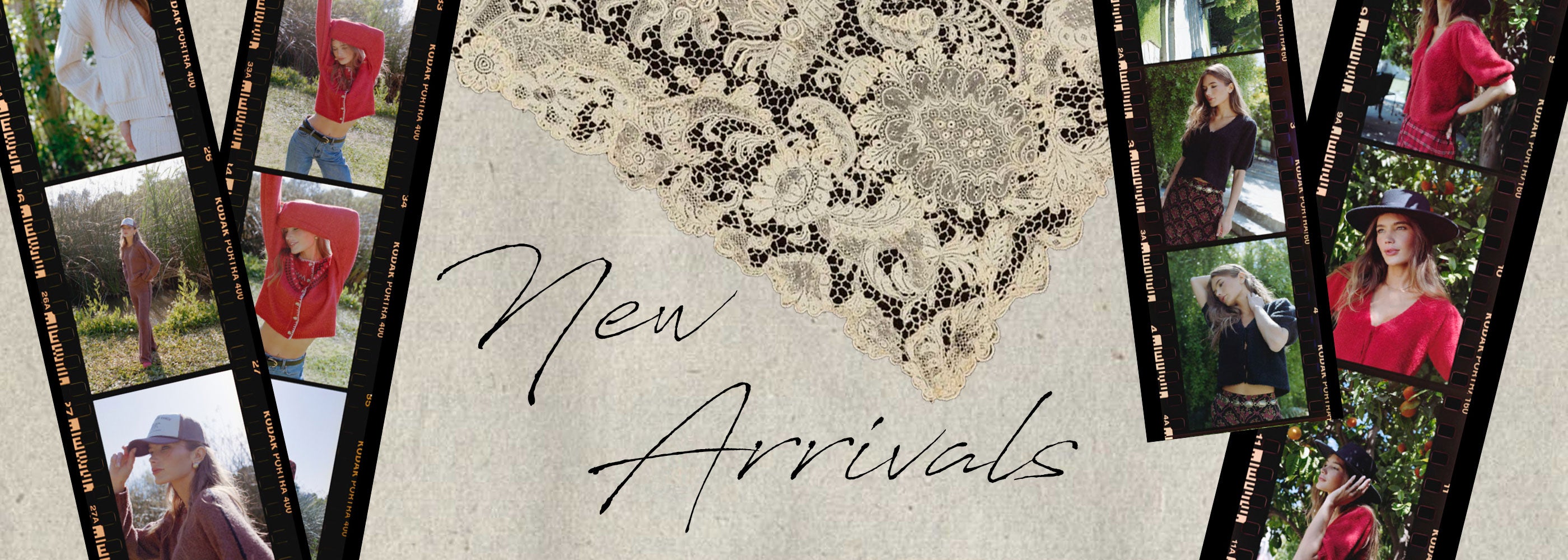 Saltwater Luxe Holiday 2026 new arrivals featuring red and neutral knitwear, printed skirts and effortless fall-to-holiday outfits in a vintage filmstrip collage