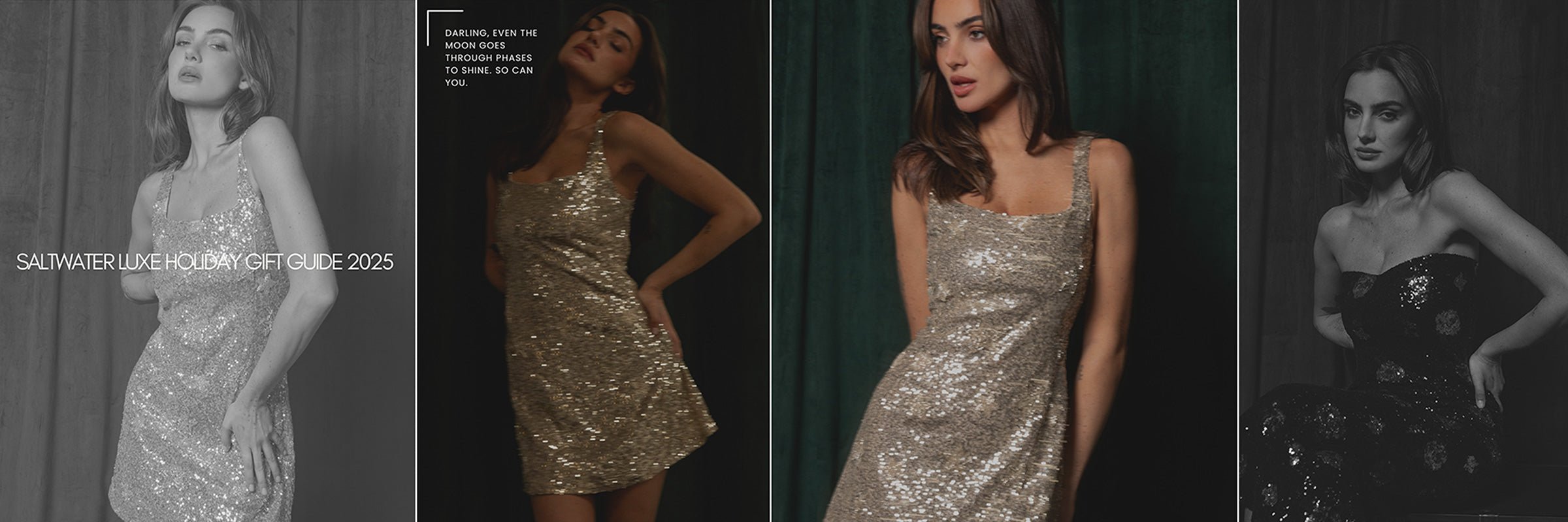 Woman wearing a sparkly dress against a dark background showcasing Saltwater Luxe's Holiday Gift Guide