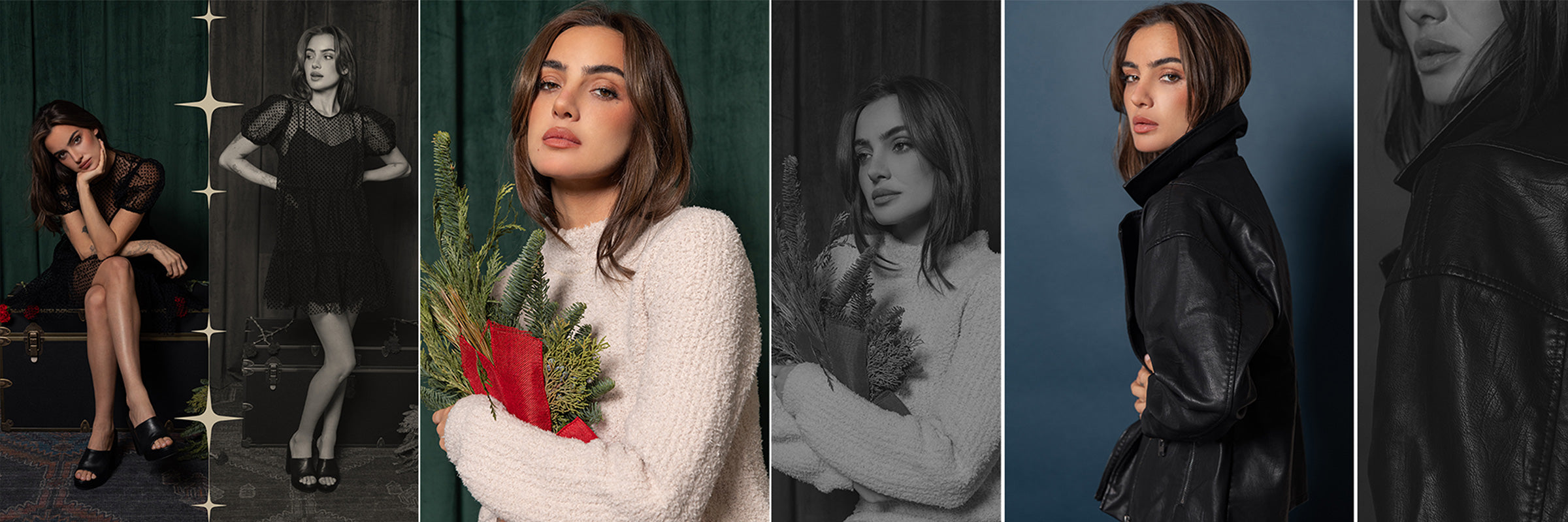 Five images of a woman in different outfits against various backgrounds promoting Saltwater Luxe's Holiday Gift Guide