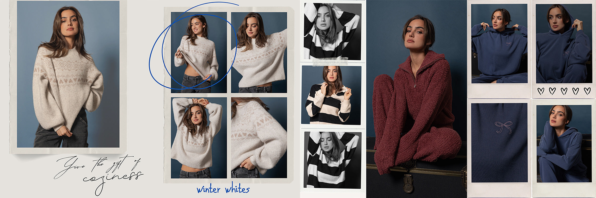 Collage of a woman wearing various sweaters with text 'Winter Whites' on a blue background promoting Saltwater Luxe's Holiday Gift Guide