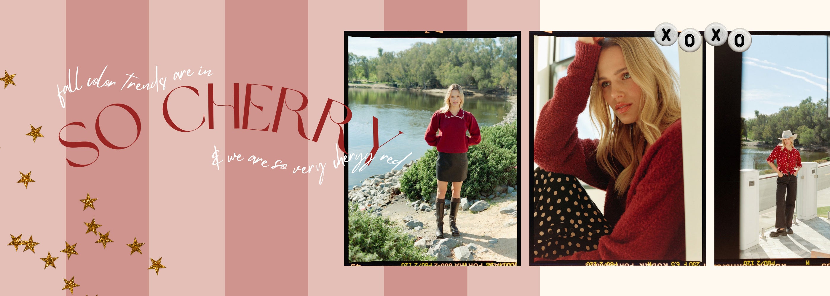 Saltwater Luxe fall collection in cherry red featuring sweaters, dresses and tops styled in a lakeside editorial with vintage film details