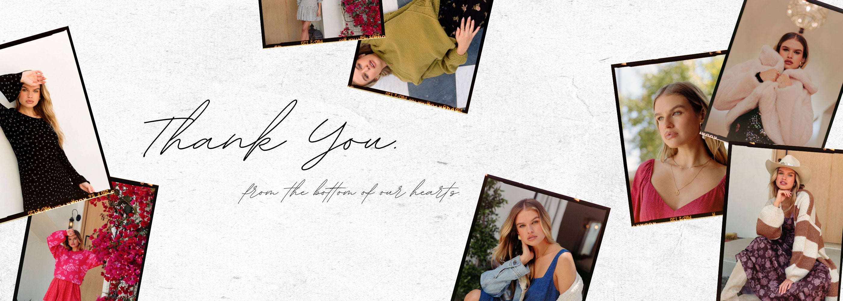 Collage of Saltwater Luxe models in various poses with 'Thank You' text on a light background