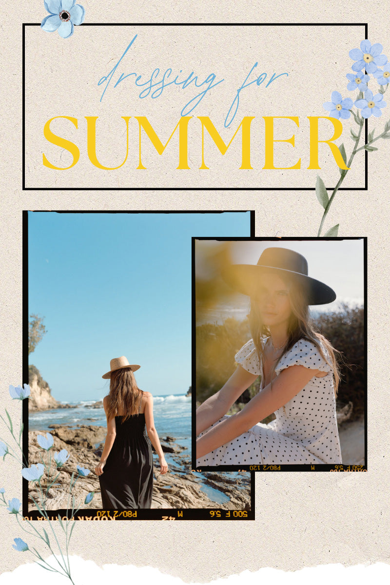 A summer-themed digital template or collage layout with the text 'Dressing for SUMMER' on a textured cream background, alongside two inset lifestyle photos of a woman by the sea and blue floral accents