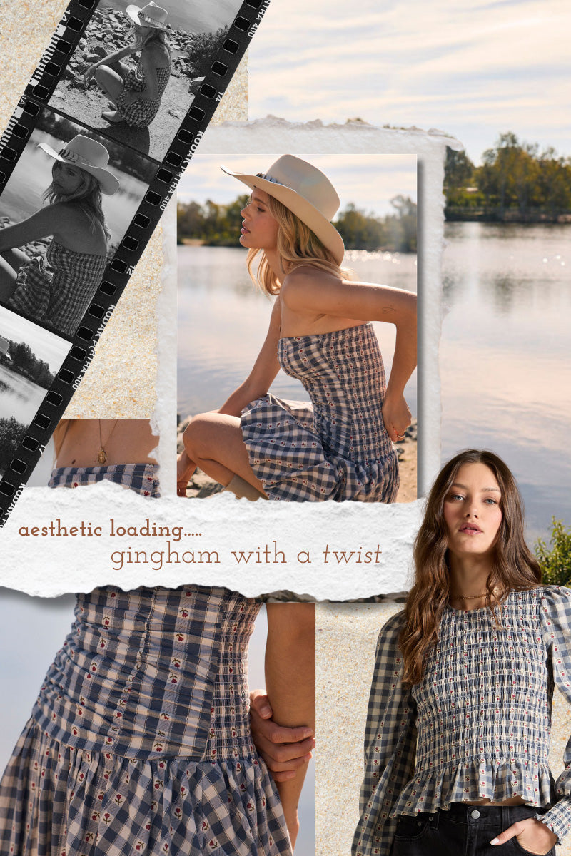 Blue gingham mini dress and smocked floral-check top from Saltwater Luxe, styled in a romantic lakeside collage with vintage filmstrip details