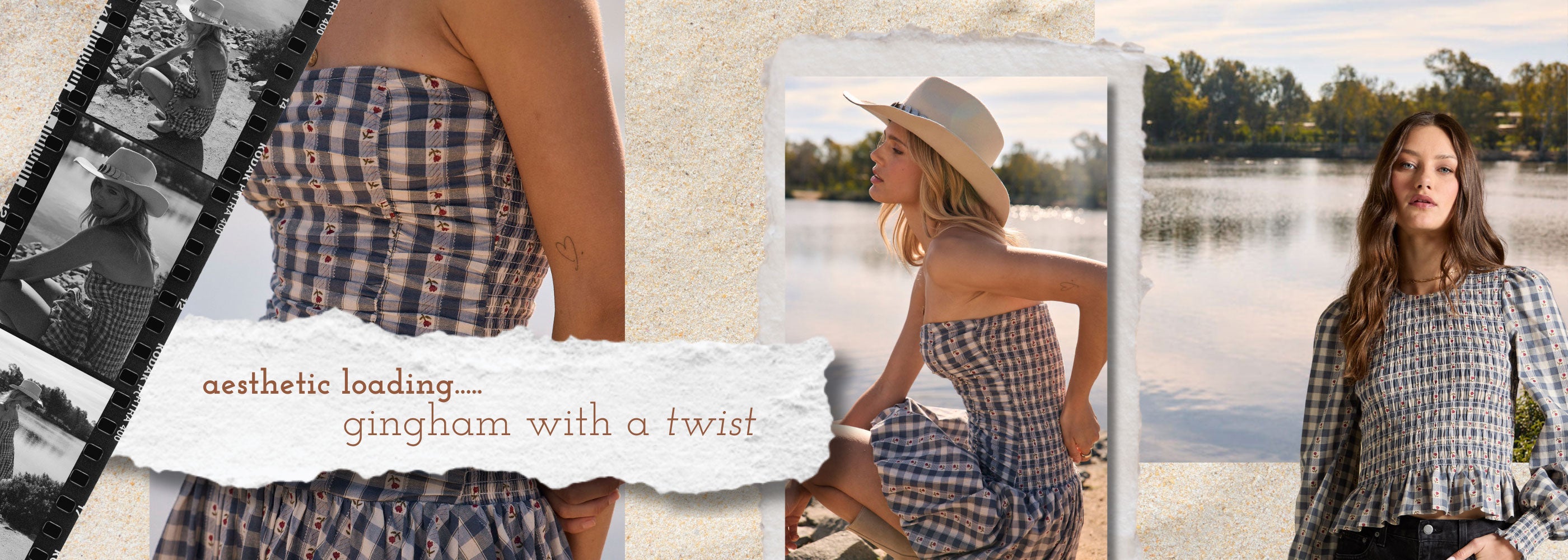 Saltwater Luxe gingham collection featuring a blue floral-check dress and smocked long-sleeve top in a nostalgic lakeside collage with vintage film photography