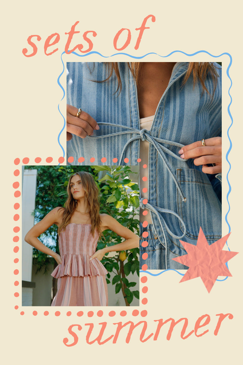 A collage-style promotional graphic with the words 'sets of summer' in coral script on a cream background. The central and lower inset photos show a woman wearing coordinated summer outfits: a light blue striped open-front top with tie detail and a pink striped sleeveless peplum dress
