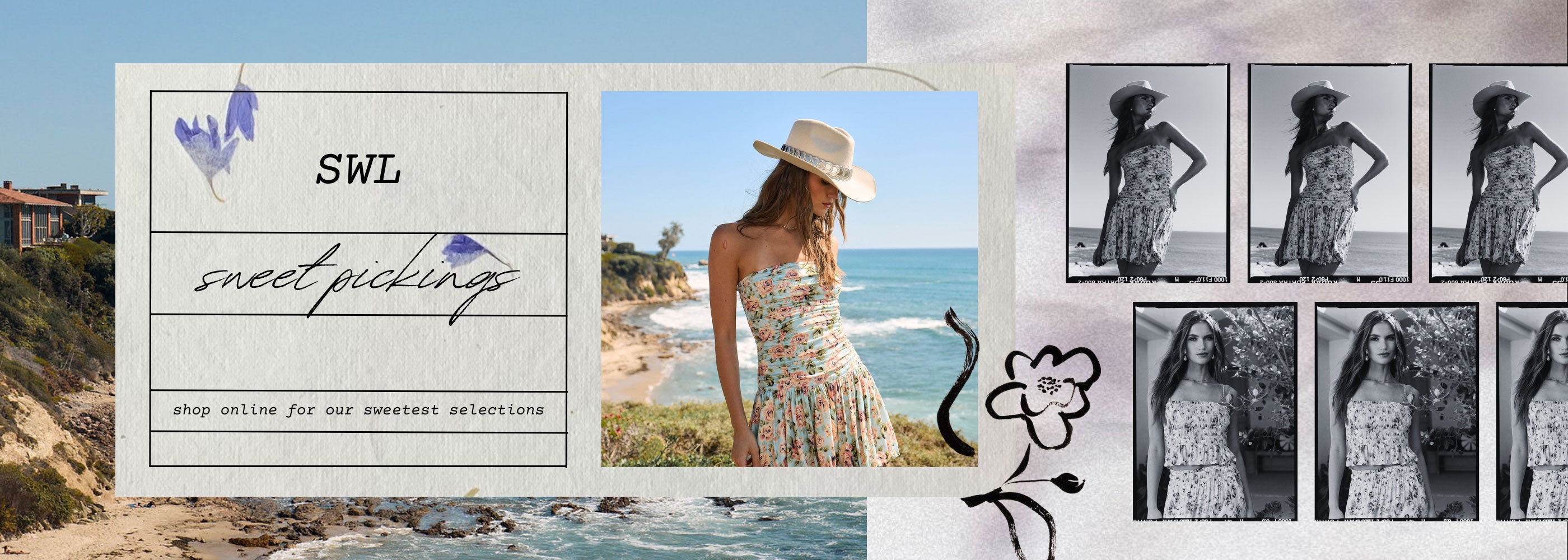Saltwater Luxe Sweet Pickings floral collection featuring a strapless floral mini dress overlooking the California coast